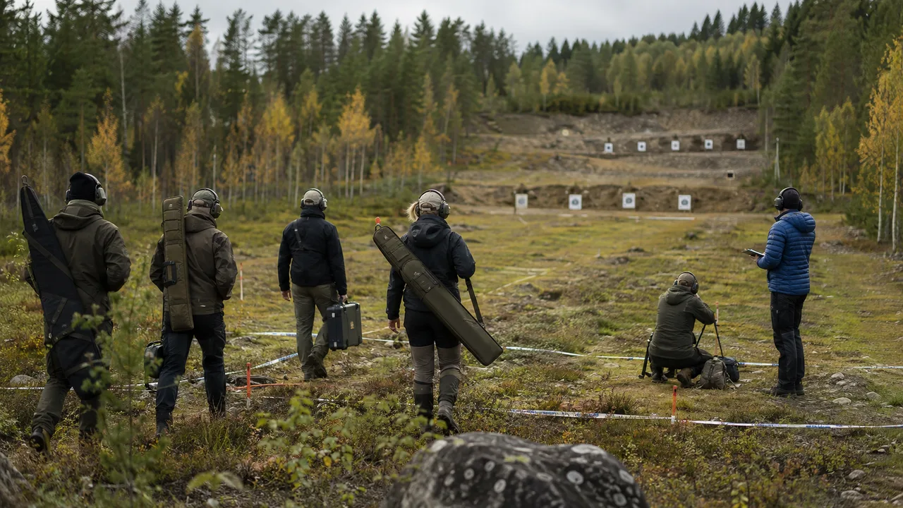 Illustrationsbild av fältskytte på en bana i skogsterräng