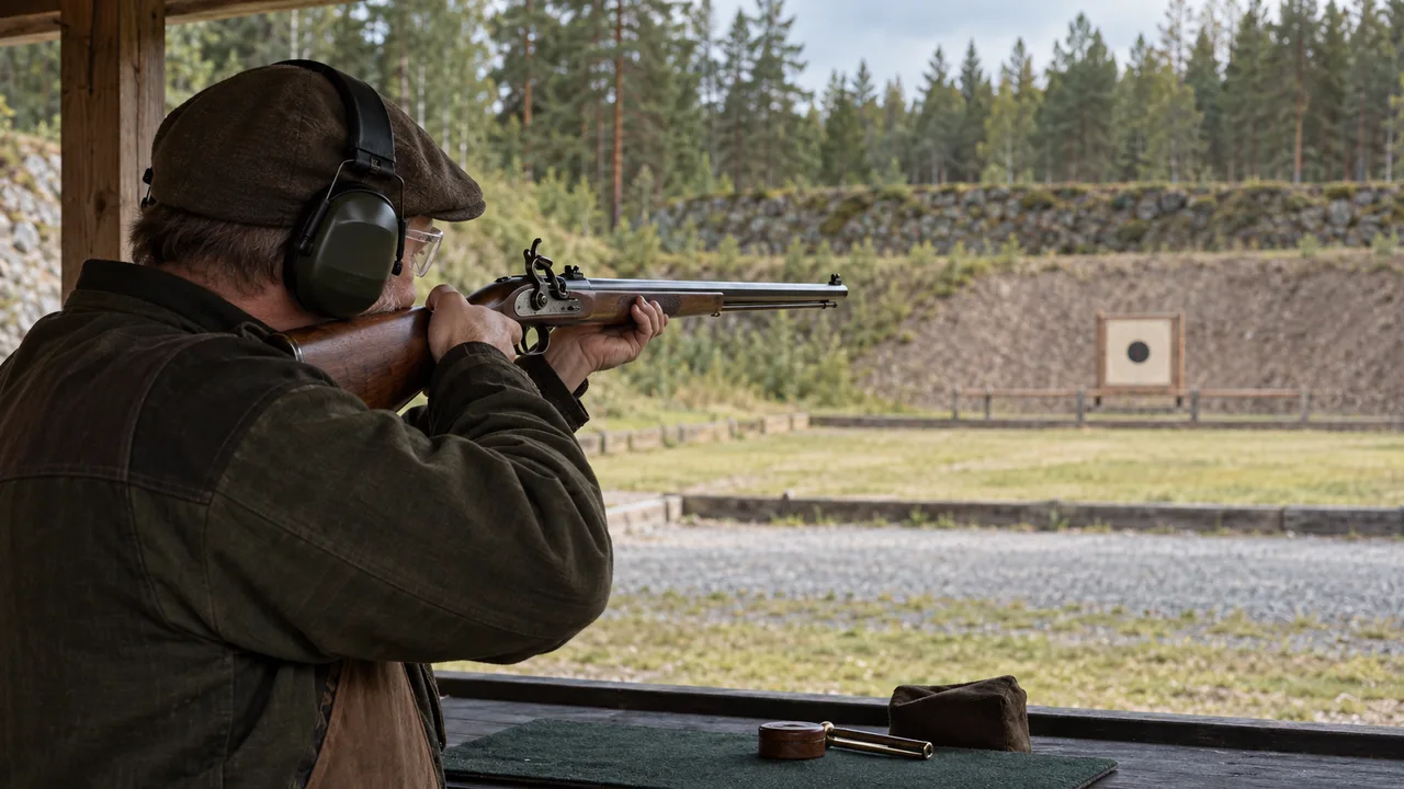 Svartkrutsskytt med historiskt gevär på en ordnad utomhusbana