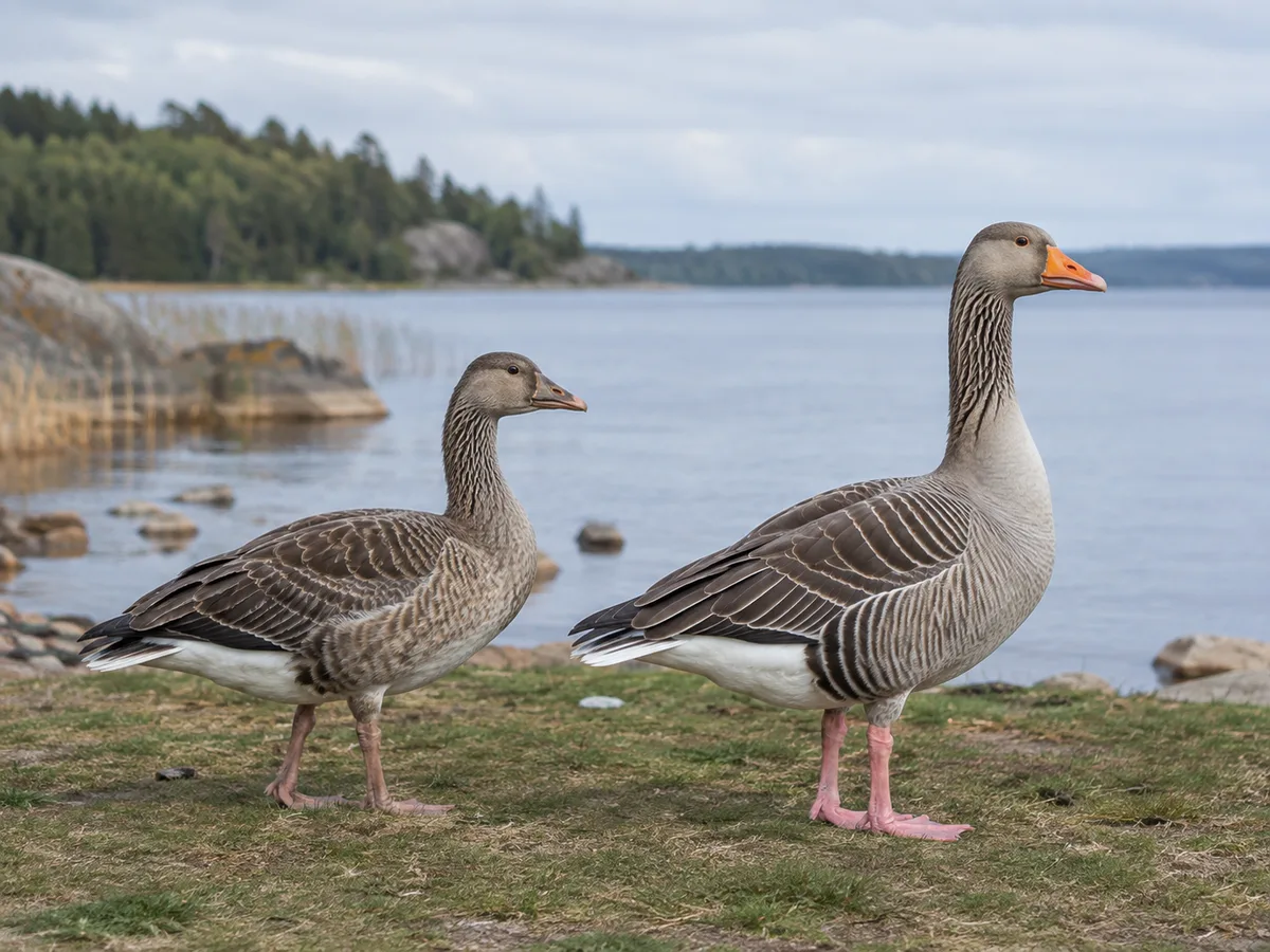 Ung grågås bredvid en vuxen för jämförelse