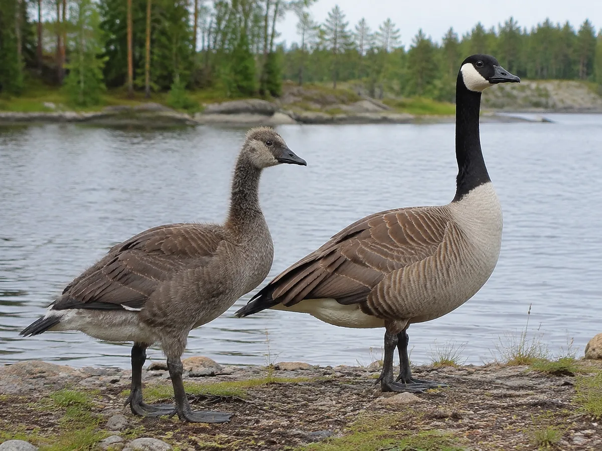 Ung kanadagås bredvid en vuxen vid vatten