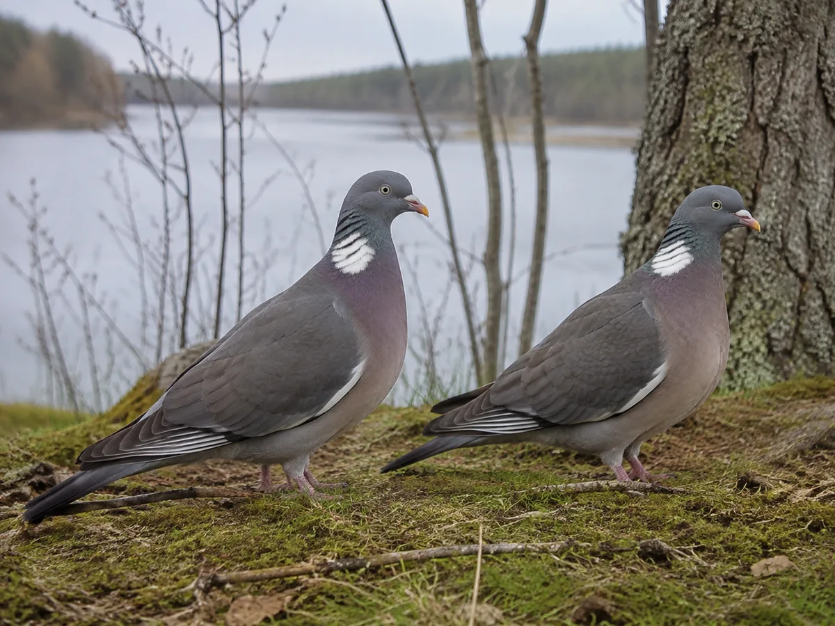 Illustration av två vuxna ringduvor i svensk jordbruksbygd