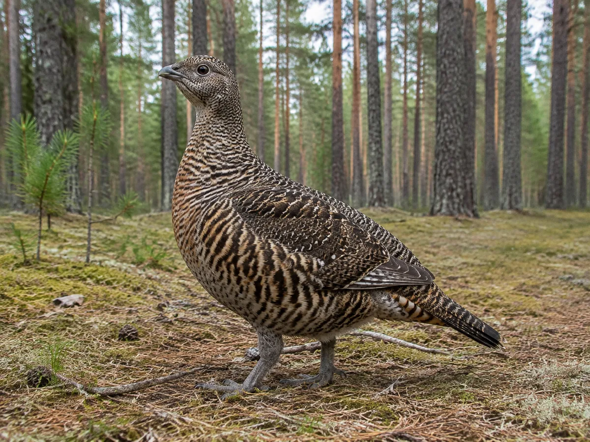 Ung tjäder med brun kamouflagedräkt på skogsmark