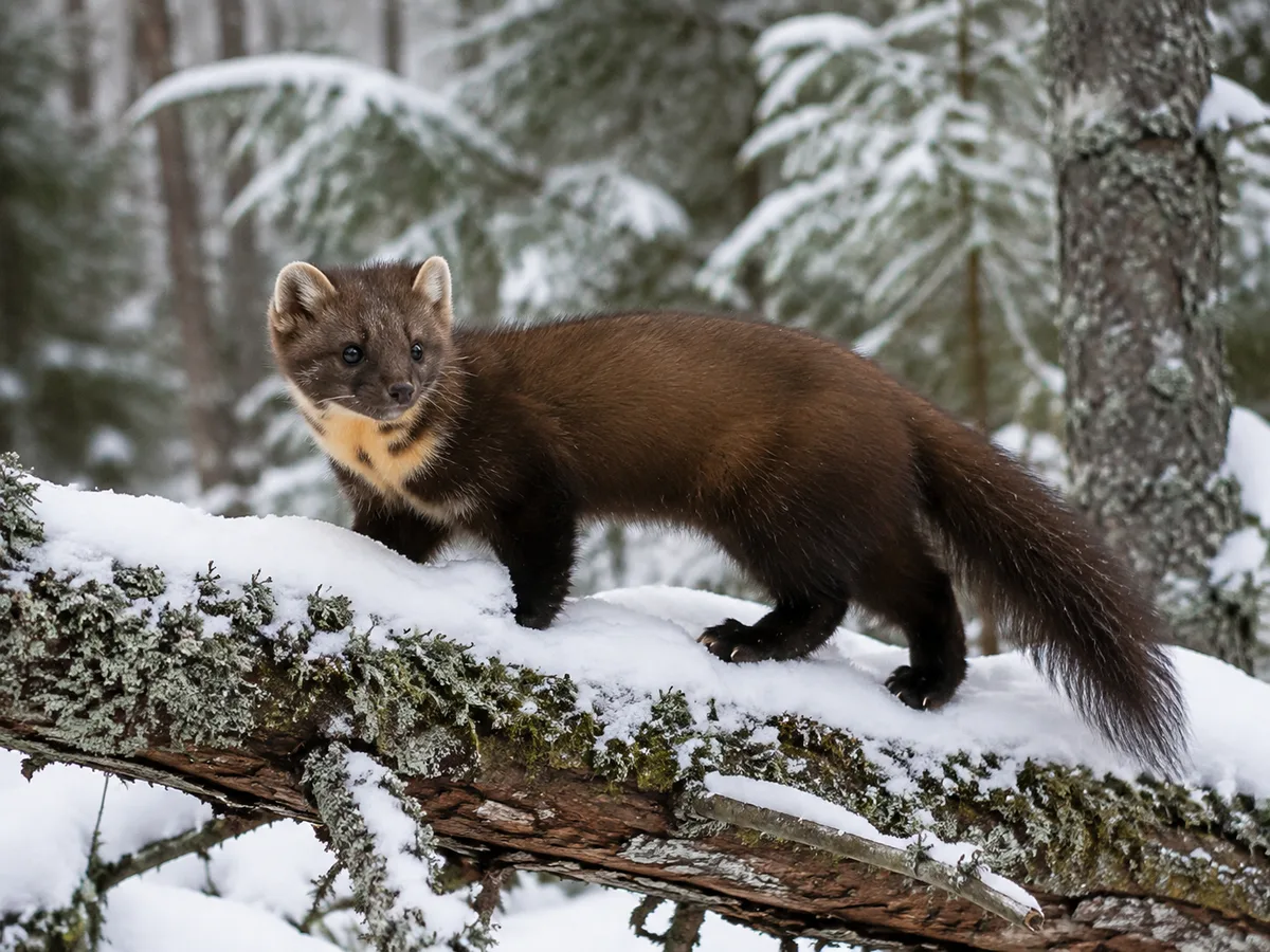 Skogsmård i mörk vinterpäls på snötäckt stam