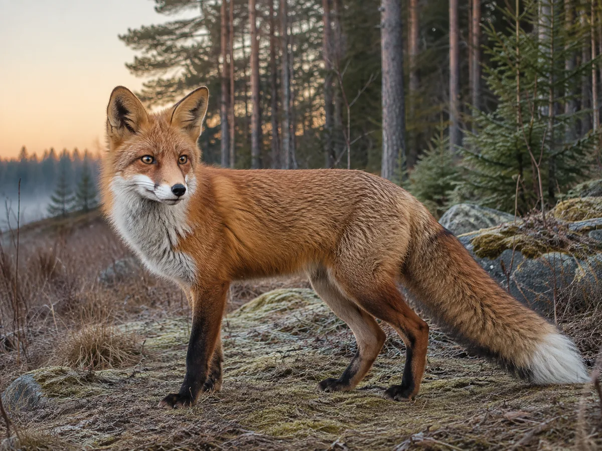 Illustration av en vuxen rödräv i ett svenskt skogsbryn